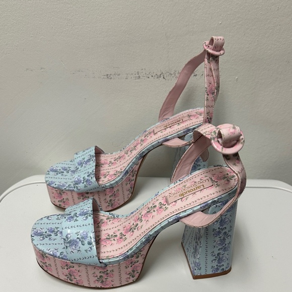 Larroude For Love Shack Fancy Floral Platform Pink and Blue Floral Heels - Picture 7 of 10